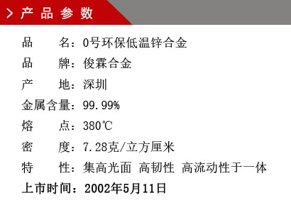 品 名：0號環(huán)保低溫鋅合金 品 牌：俊霖合金 產(chǎn) 地：深圳 金屬含量：99.99% 熔 點(diǎn)：380℃ 密 度：7.28克/立方厘米特 性：集高光面 高韌性 高流動性于一體 上市時間：2002年5月11日